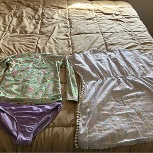 Floral Long Sleeve Swim Top and Purple Bikini Bottom Set with bathing suit cover